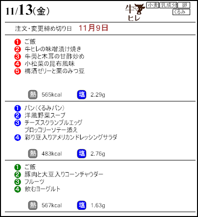 健康倶楽部プレミアム11月13日のメニュー