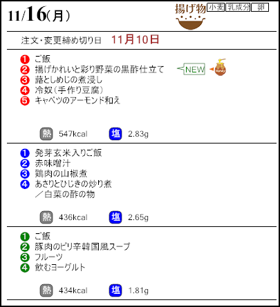 健康倶楽部プレミアム11月16日のメニュー