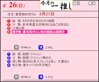 食彩倶楽部　4月26日のメニュー