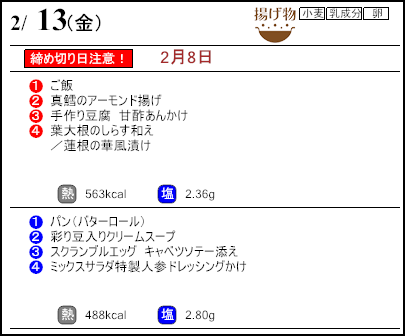 健康倶楽部スタンダード２月13日のメニュー