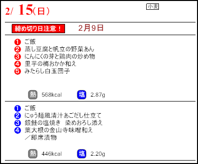 健康倶楽部スタンダード２月15日のメニュー