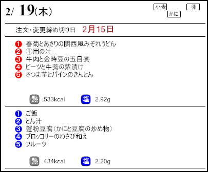 健康倶楽部スタンダード２月19日のメニュー