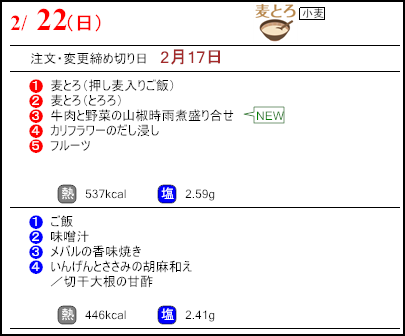 健康倶楽部スタンダード２月22日のメニュー