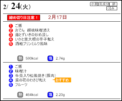 健康倶楽部スタンダード２月24日のメニュー