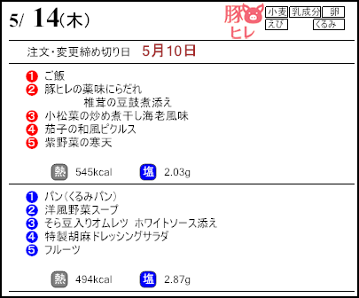 健康倶楽部スタンダード5月14日のメニュー