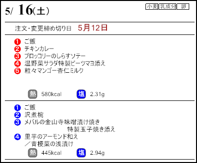 健康倶楽部スタンダード5月16日のメニュー