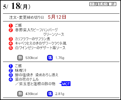 健康倶楽部スタンダード5月18日のメニュー