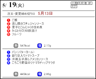 健康倶楽部スタンダード5月19日のメニュー