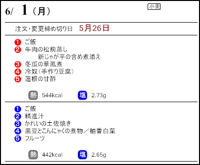 健康倶楽部スタンダード6月1日のメニュー