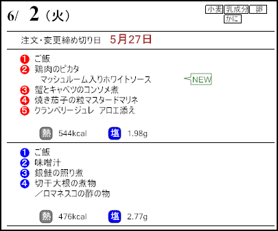 健康倶楽部スタンダード6月2日のメニュー