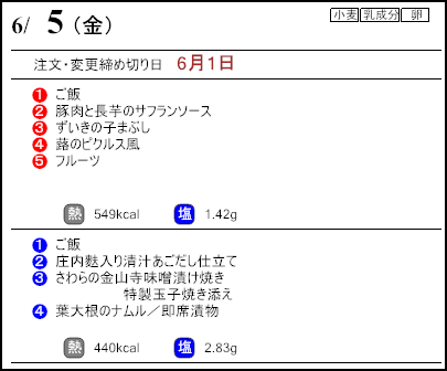 健康倶楽部スタンダード6月5日のメニュー