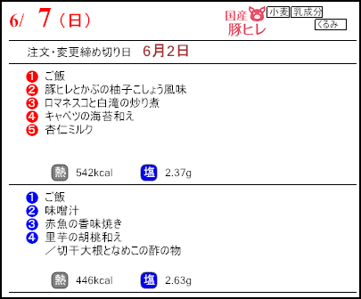 健康倶楽部スタンダード6月7日のメニュー