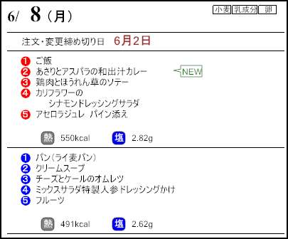 健康倶楽部スタンダード6月8日のメニュー