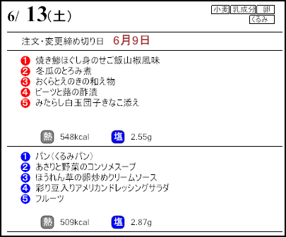 健康倶楽部スタンダード6月13日のメニュー