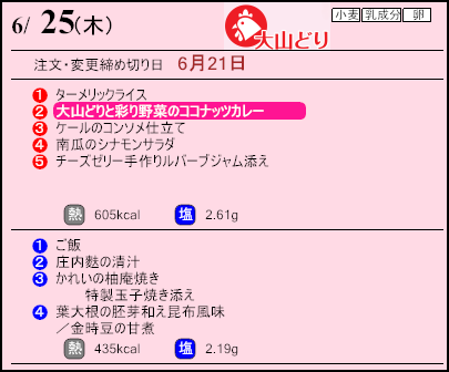 健康倶楽部スタンダード6月25日のメニュー
