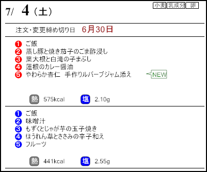 健康倶楽部スタンダード7月4日のメニュー
