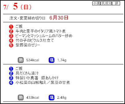 健康倶楽部スタンダード7月5日のメニュー