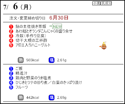 健康倶楽部スタンダード7月6日のメニュー