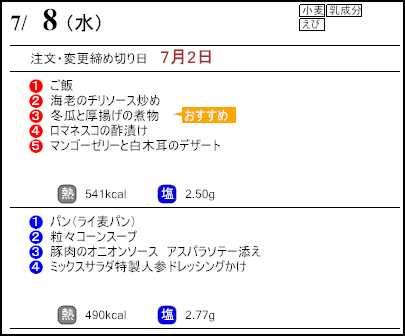 健康倶楽部スタンダード7月8日のメニュー