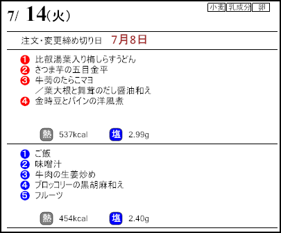 健康倶楽部スタンダード7月14日のメニュー