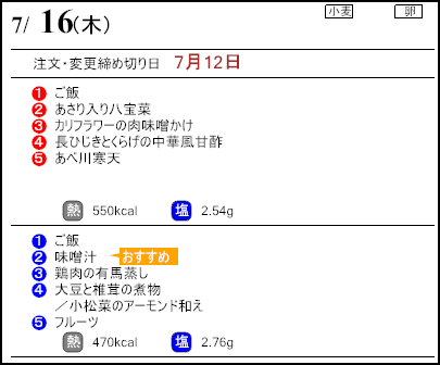 健康倶楽部スタンダード7月16日のメニュー