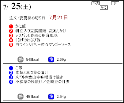 健康倶楽部スタンダード7月25日のメニュー