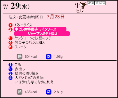 健康倶楽部スタンダード7月29日のメニュー