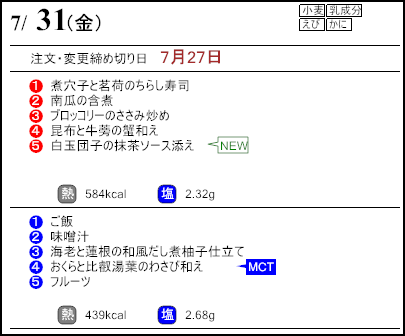 健康倶楽部スタンダード7月31日のメニュー