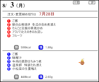 健康倶楽部スタンダード8月3日のメニュー