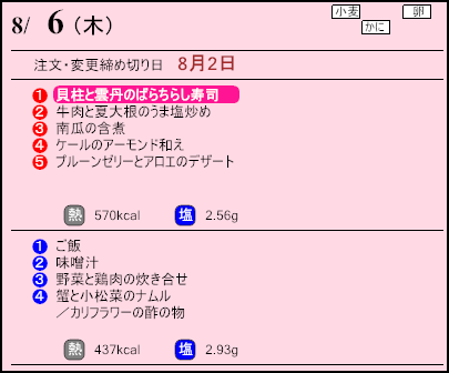 健康倶楽部スタンダード8月6日のメニュー