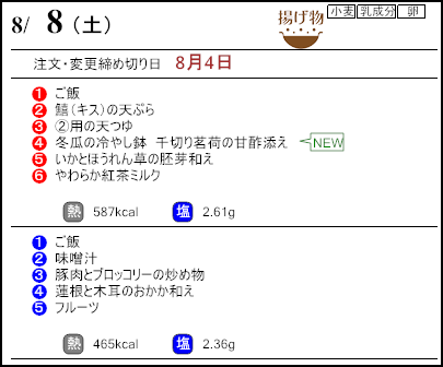 健康倶楽部スタンダード8月8日のメニュー