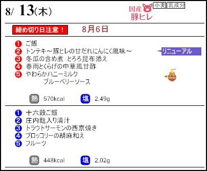 健康倶楽部スタンダード8月13日のメニュー