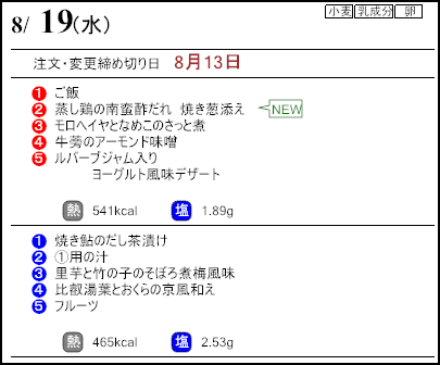 健康倶楽部スタンダード8月19日のメニュー