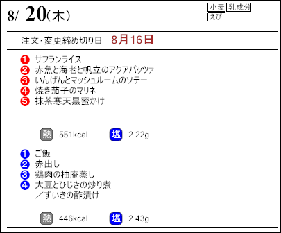 健康倶楽部スタンダード8月20日のメニュー