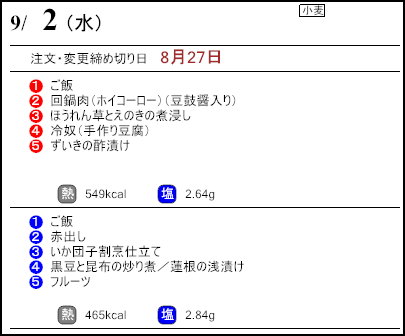 健康倶楽部スタンダード9月2日のメニュー