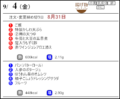 健康倶楽部スタンダード9月4日のメニュー