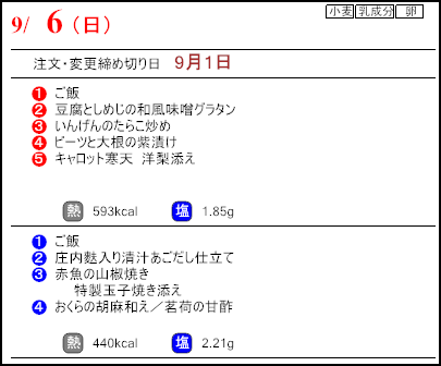 健康倶楽部スタンダード9月6日のメニュー