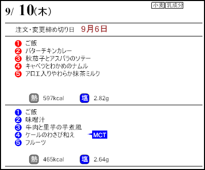 健康倶楽部スタンダード9月10日のメニュー