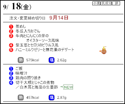 健康倶楽部スタンダード9月18日のメニュー