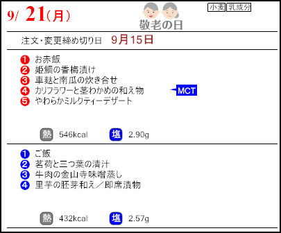 健康倶楽部スタンダード9月21日のメニュー