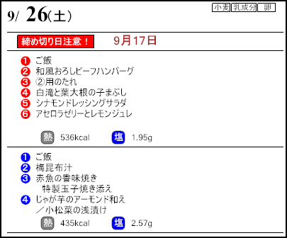 健康倶楽部スタンダード9月26日のメニュー