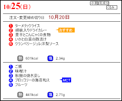 健康倶楽部スタンダード10月25日のメニュー