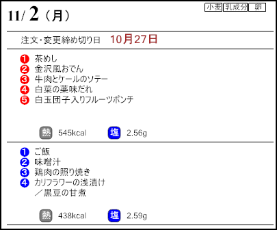 健康倶楽部スタンダード11月2日のメニュー