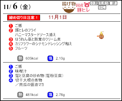 健康倶楽部スタンダード11月6日のメニュー