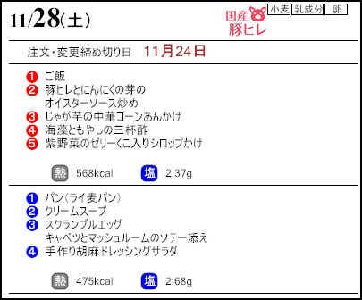 健康倶楽部スタンダード11月28日のメニュー