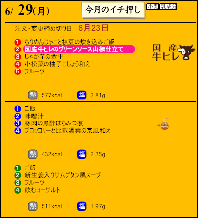 健康倶楽部プレミアム6月29日のメニュー