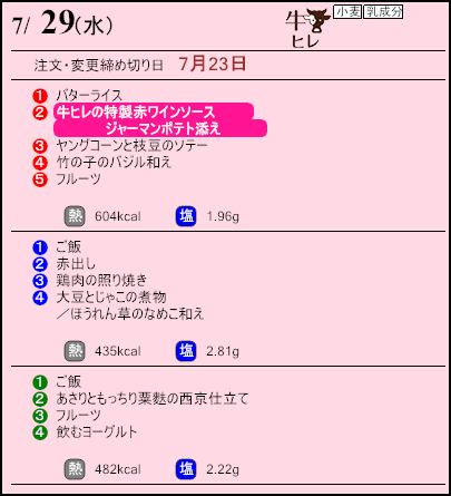 健康倶楽部プレミアム7月29日のメニュー