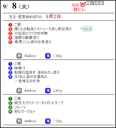 健康倶楽部プレミアム9月8日のメニュー