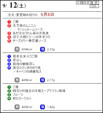 健康倶楽部プレミアム9月12日のメニュー