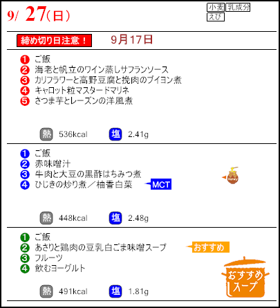 健康倶楽部プレミアム9月27日のメニュー